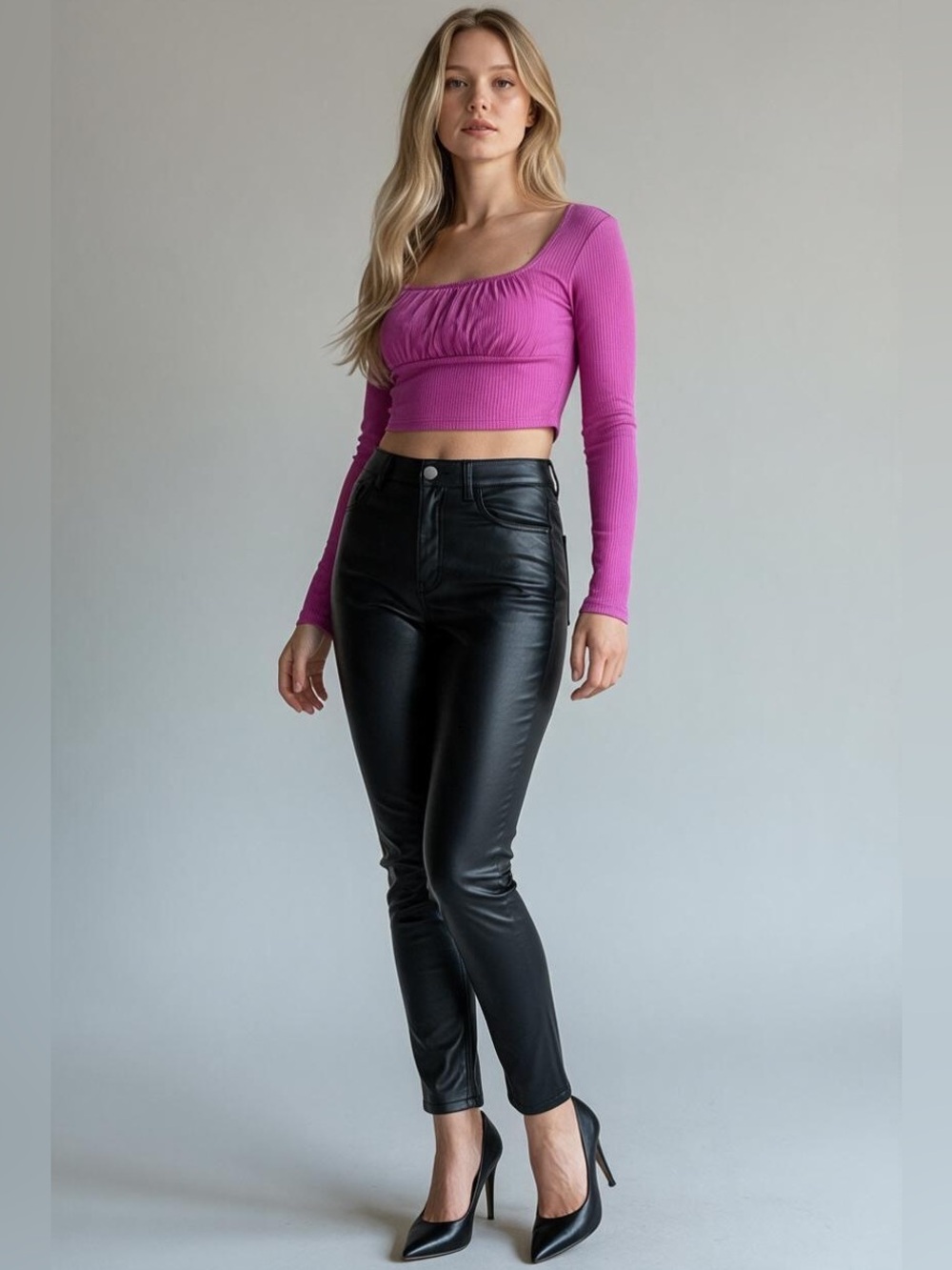 SHEIN Pink Ribbed Ruched Scoop-Neck Long Sleeve Crop Top